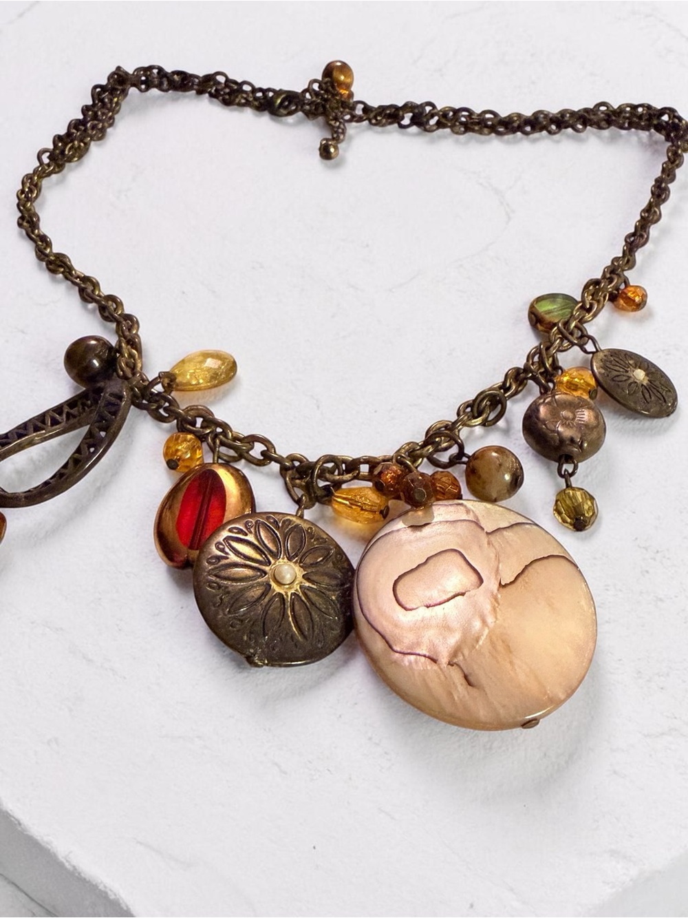 Handmade Bohemian Shell & Amber Charm Necklace - Women Jewelry